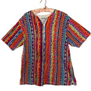 White Stag 90s Rainbow Striped Short Sleeve 1/2 Button Front Top Medium